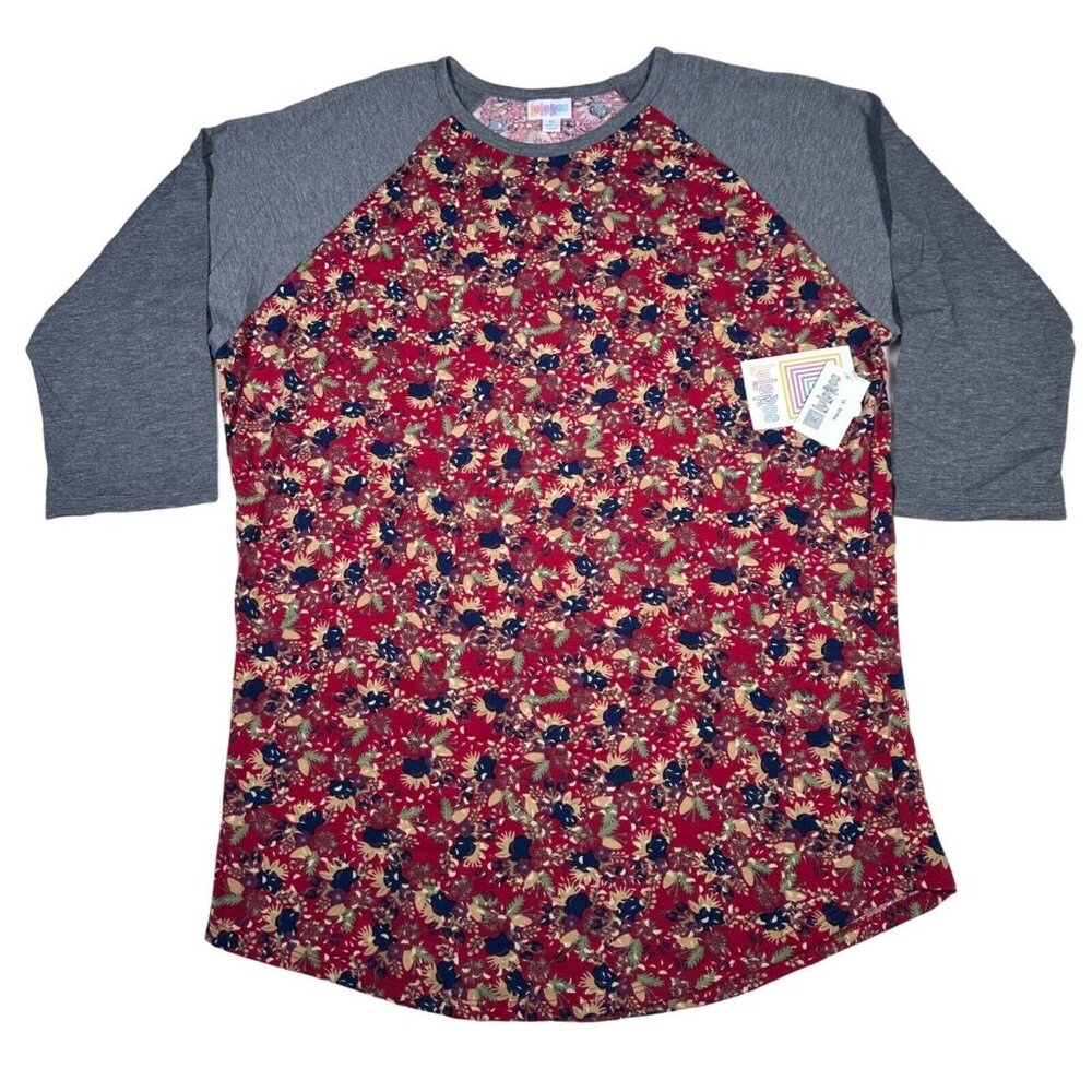 LuLaRoe Women's Raglan 3/4 Sleeve Red Blue Floral Print Baseball Tee XL Unicorn